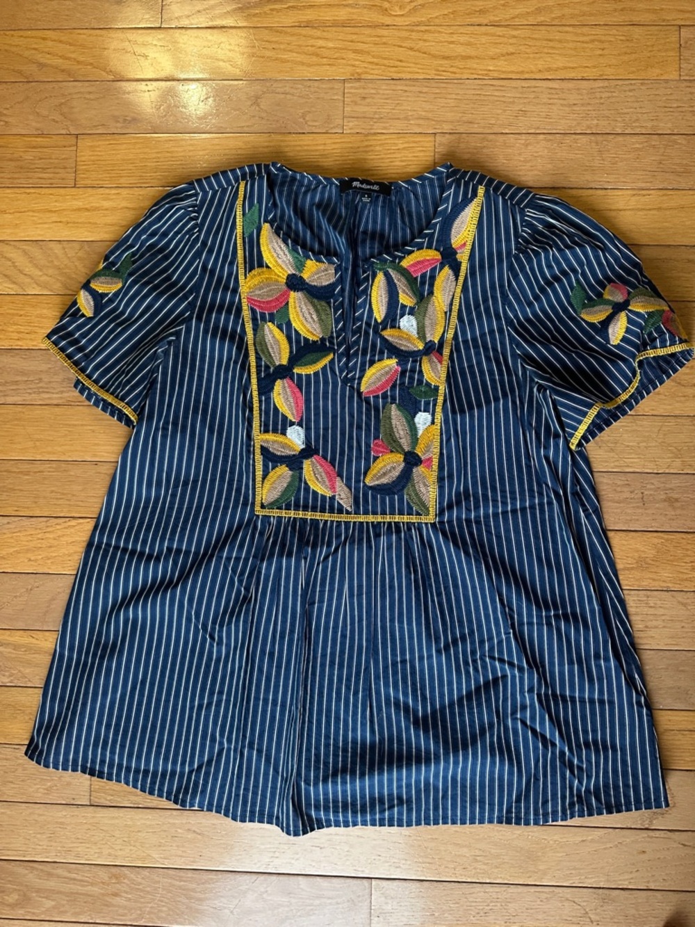Madewell Navy Striped Embroidered Peasant Top with Colorful Leaf Motif